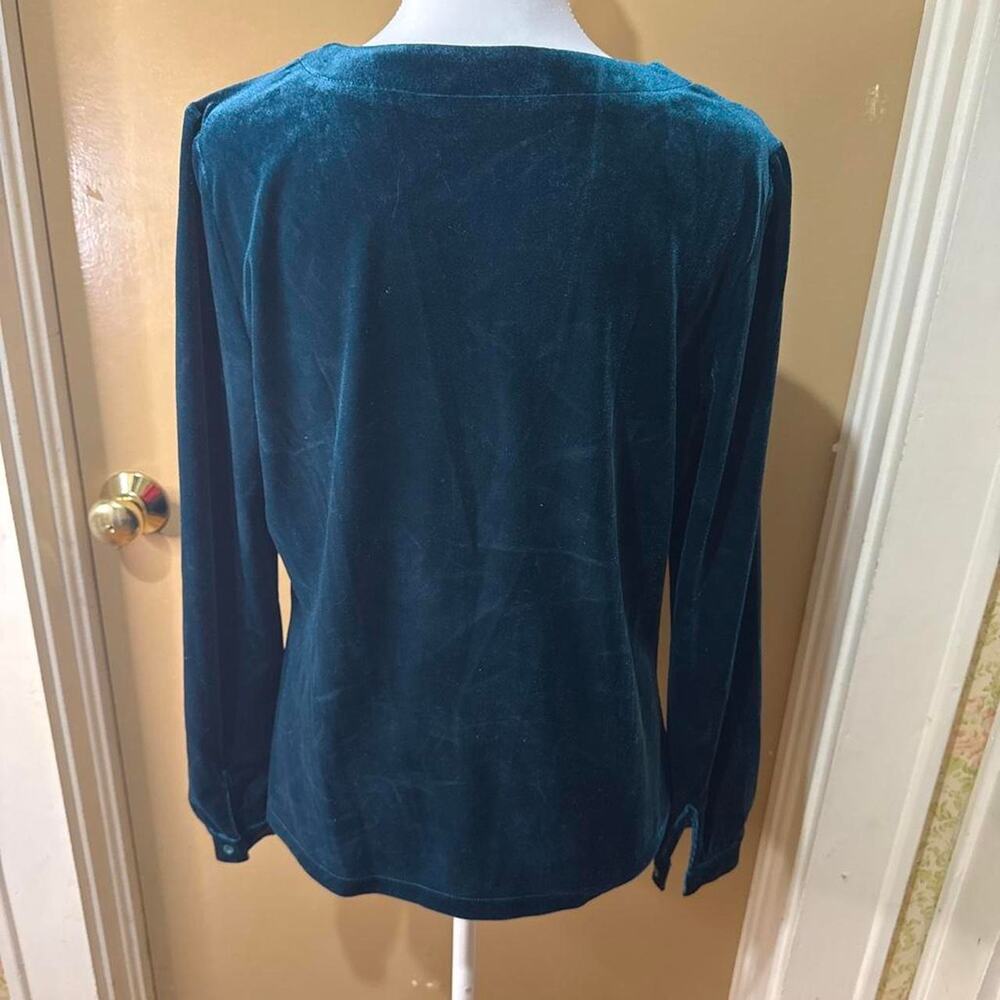 Allegra K Velvet Blouse Womens M Teal Green Good V Neck Button Front Long Sleeve - Picture 3 of 4